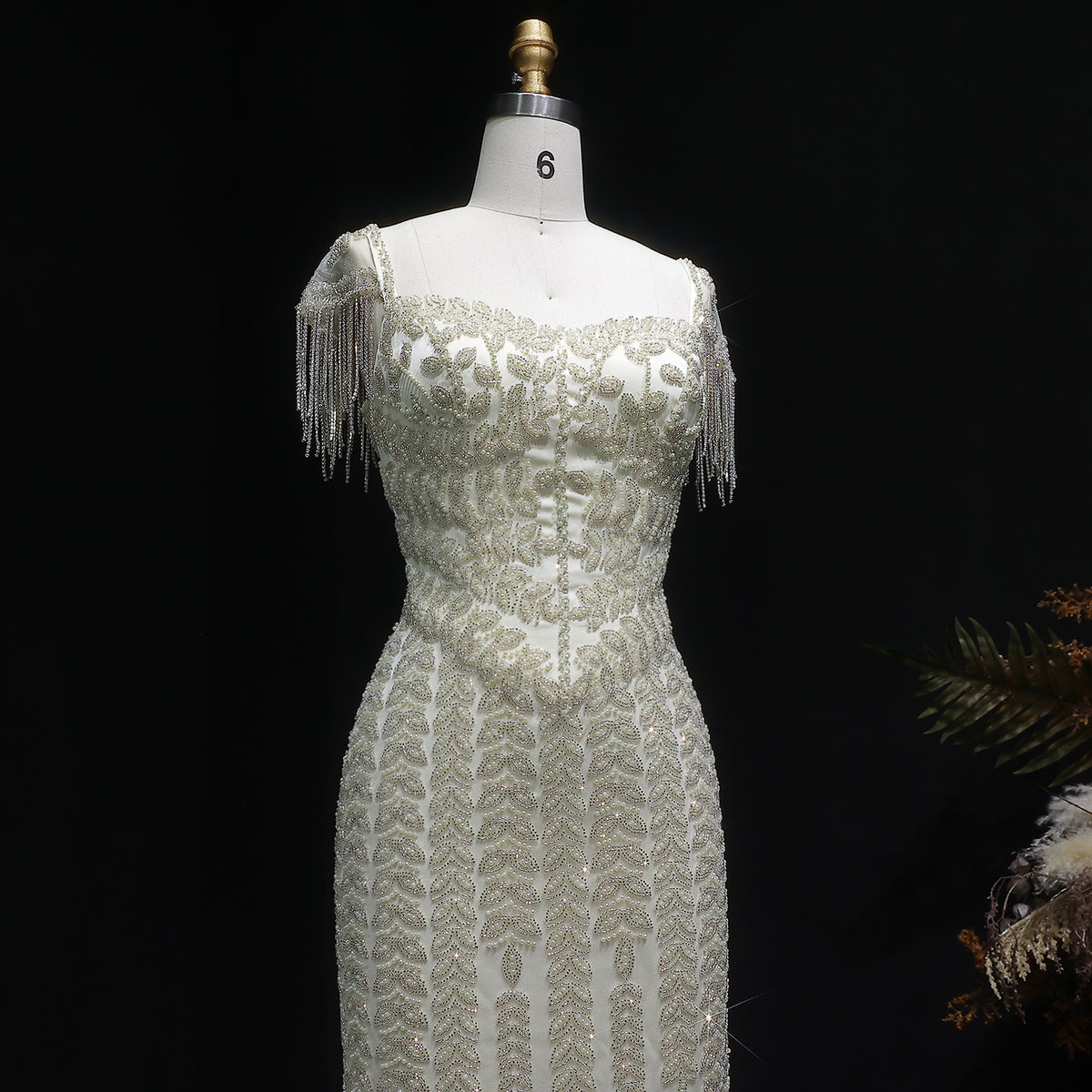 Luxury Tassel Cream Straight Evening Dress SS712 