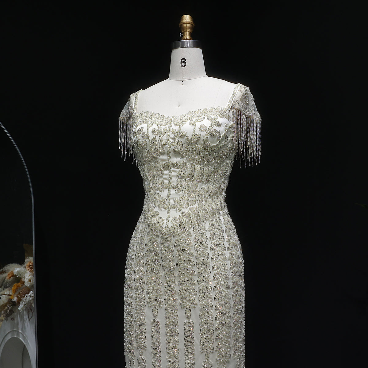 Luxury Tassel Cream Straight Evening Dress SS712 