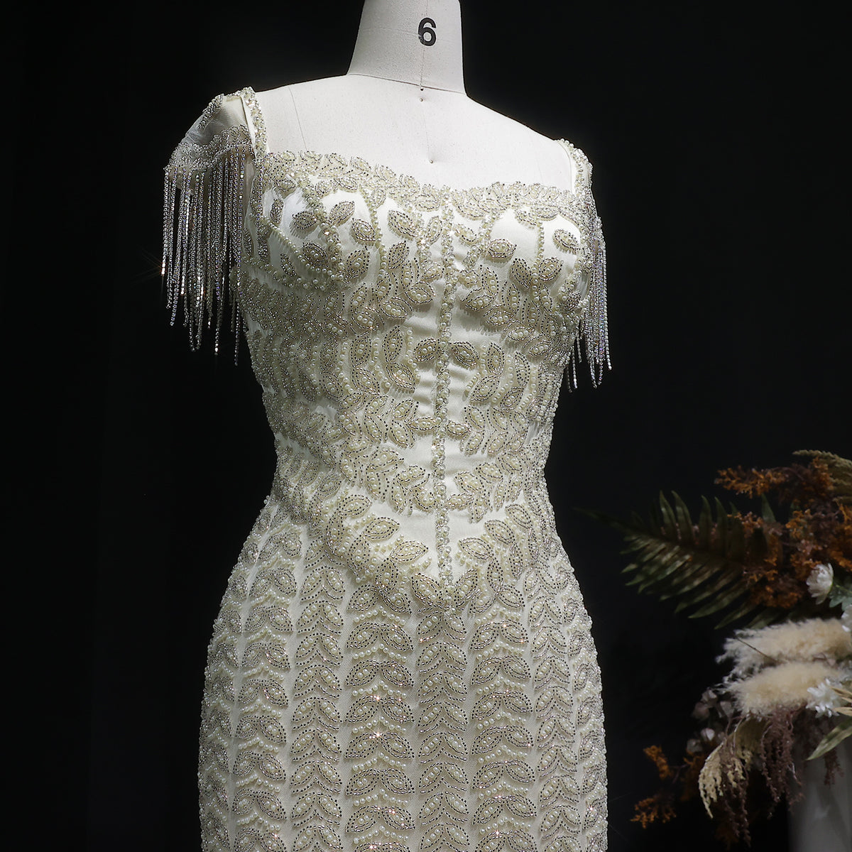 Luxury Tassel Cream Straight Evening Dress SS712 