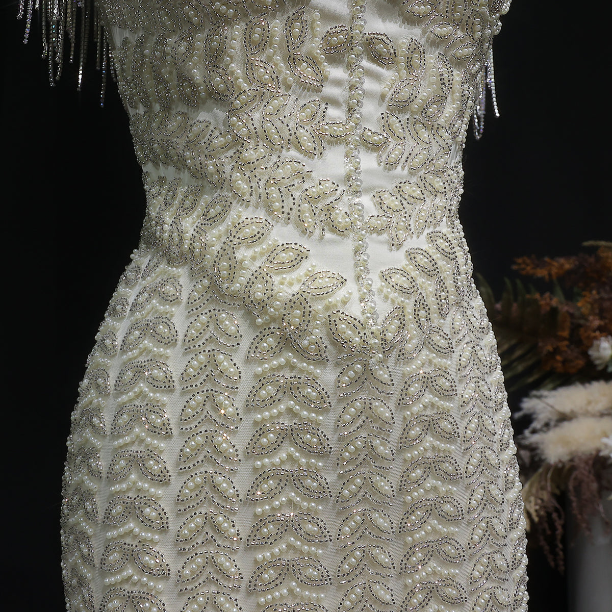 Luxury Tassel Cream Straight Evening Dress SS712 