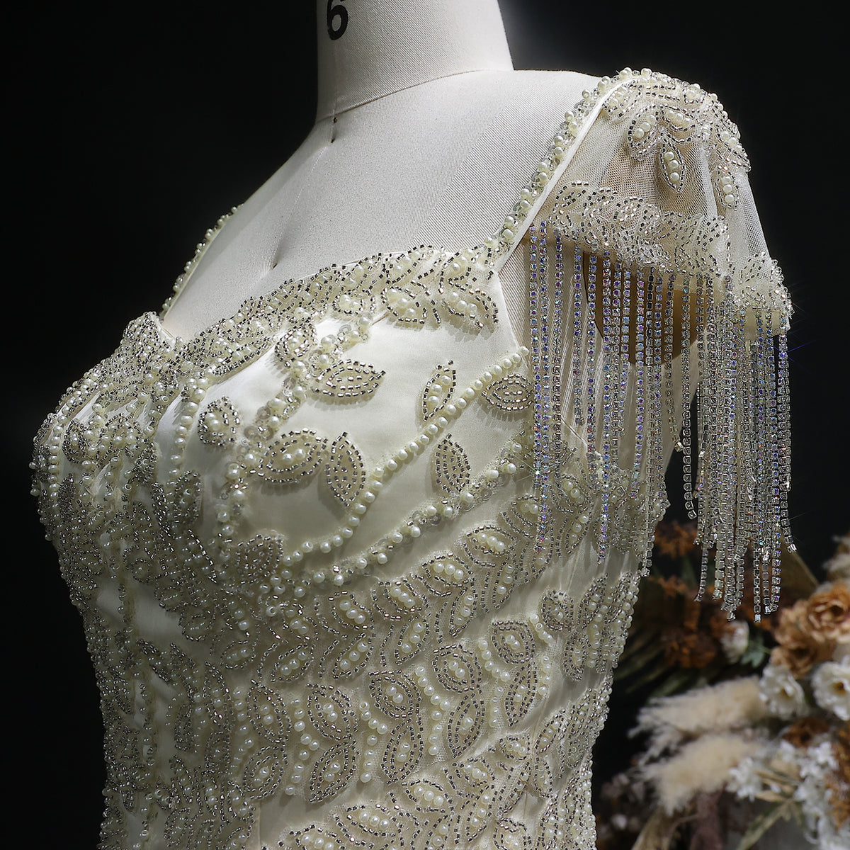 Luxury Tassel Cream Straight Evening Dress SS712 