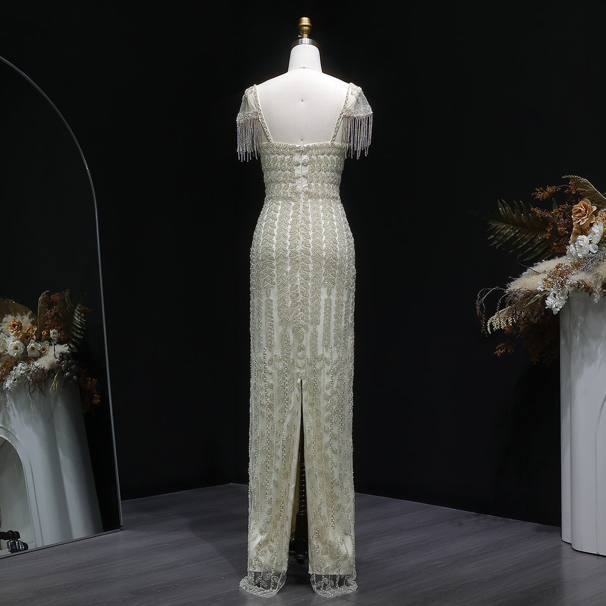 Luxury Tassel Cream Straight Evening Dress SS712 