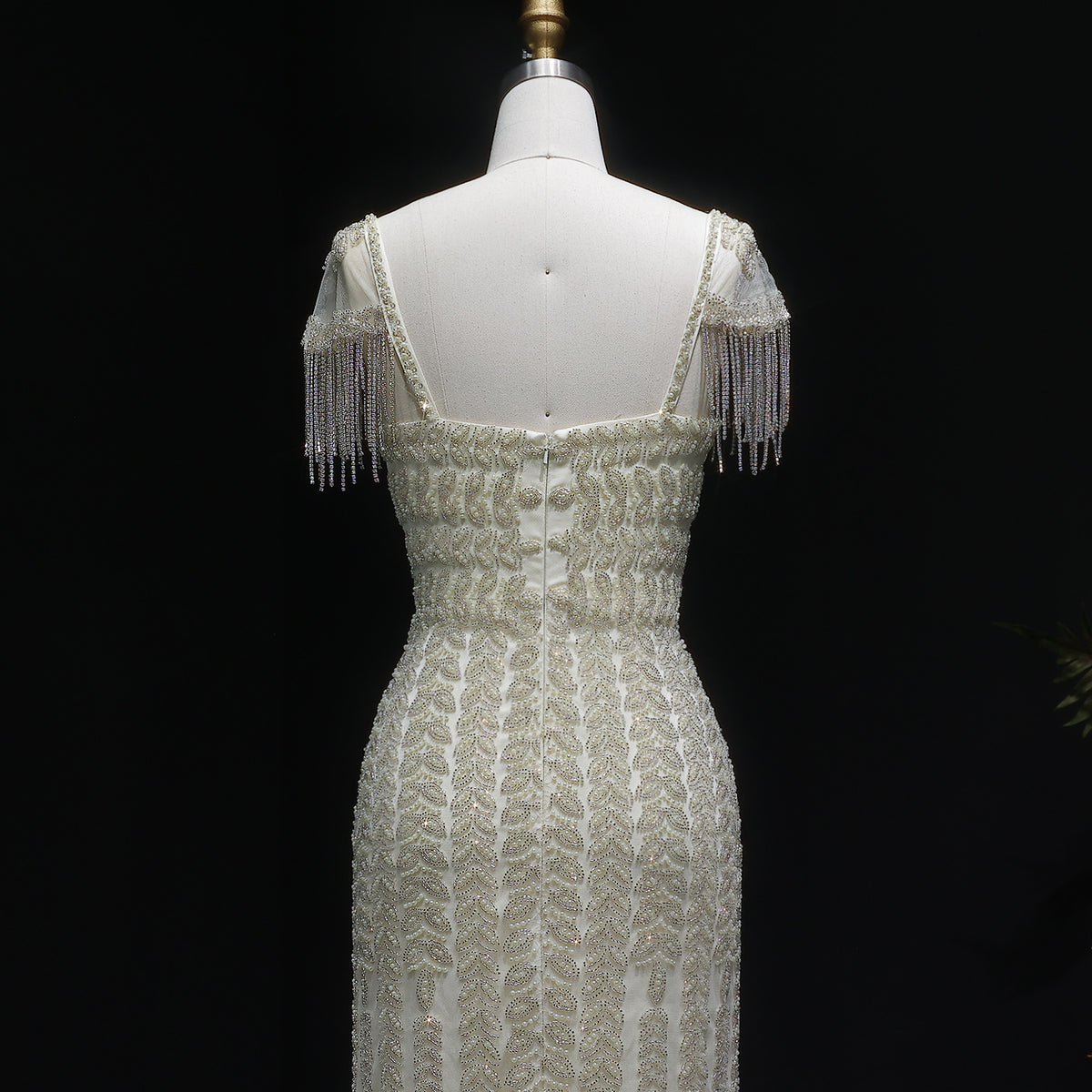 Luxury Tassel Cream Straight Evening Dress SS712 