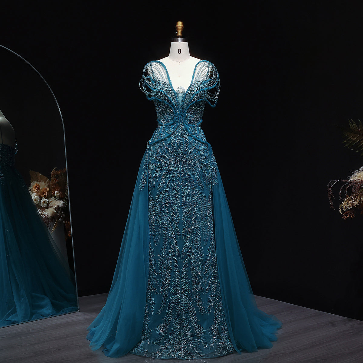 Elegant Champagne Pearl Openwork Shoulder Evening Dress with Overskirt SS718 