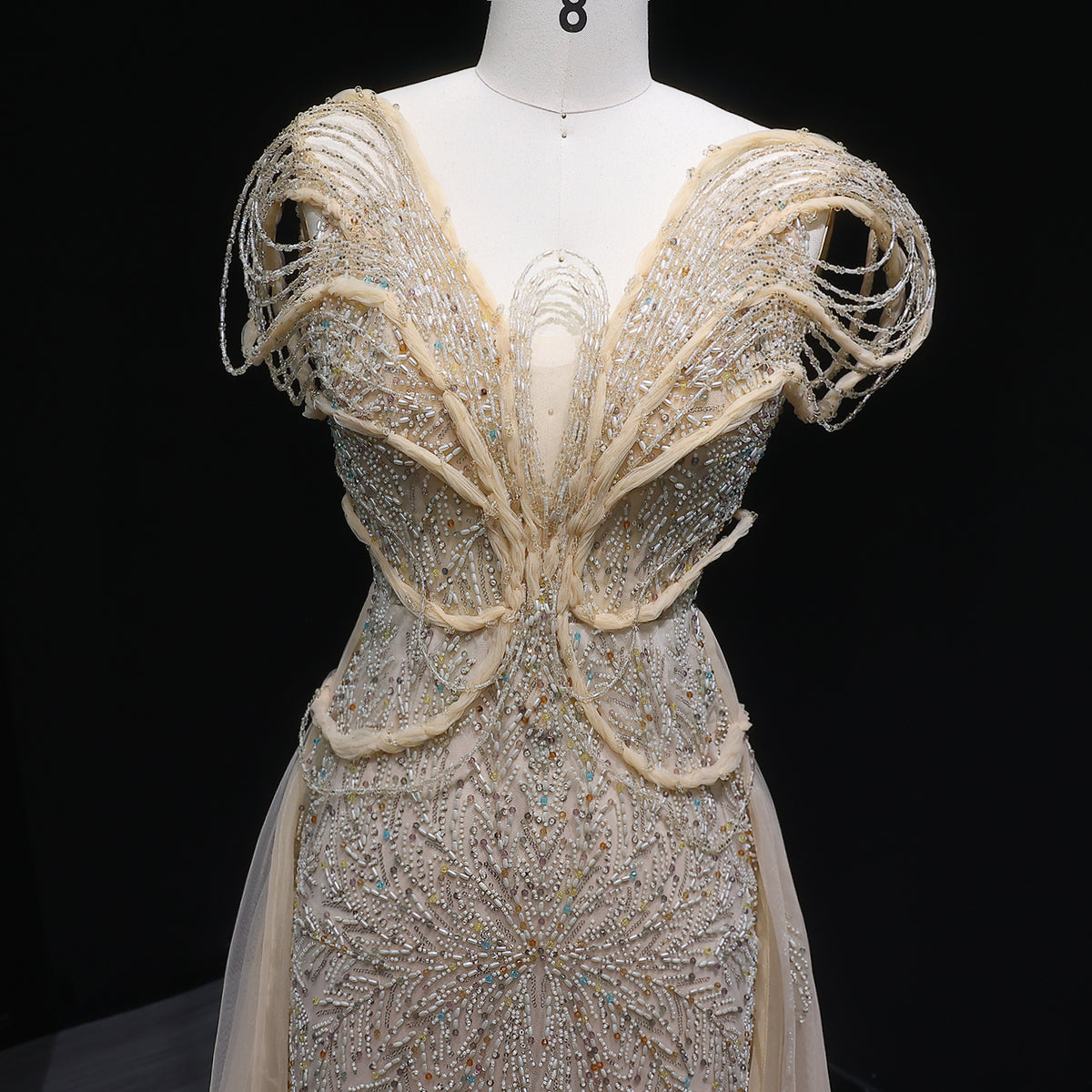 Elegant Champagne Pearl Openwork Shoulder Evening Dress with Overskirt SS718 