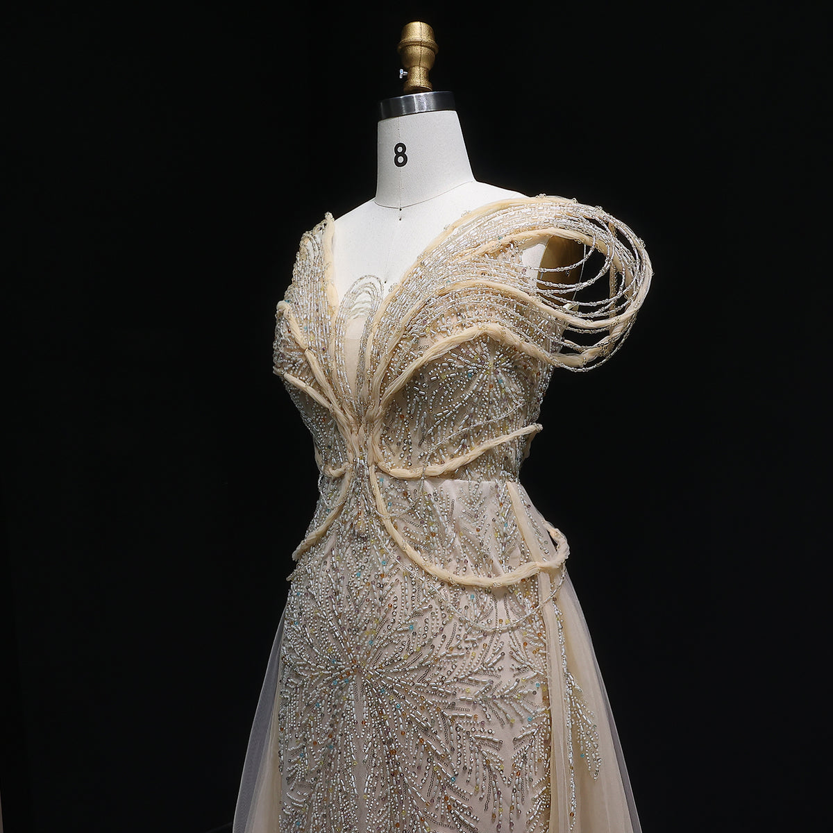 Elegant Champagne Pearl Openwork Shoulder Evening Dress with Overskirt SS718 