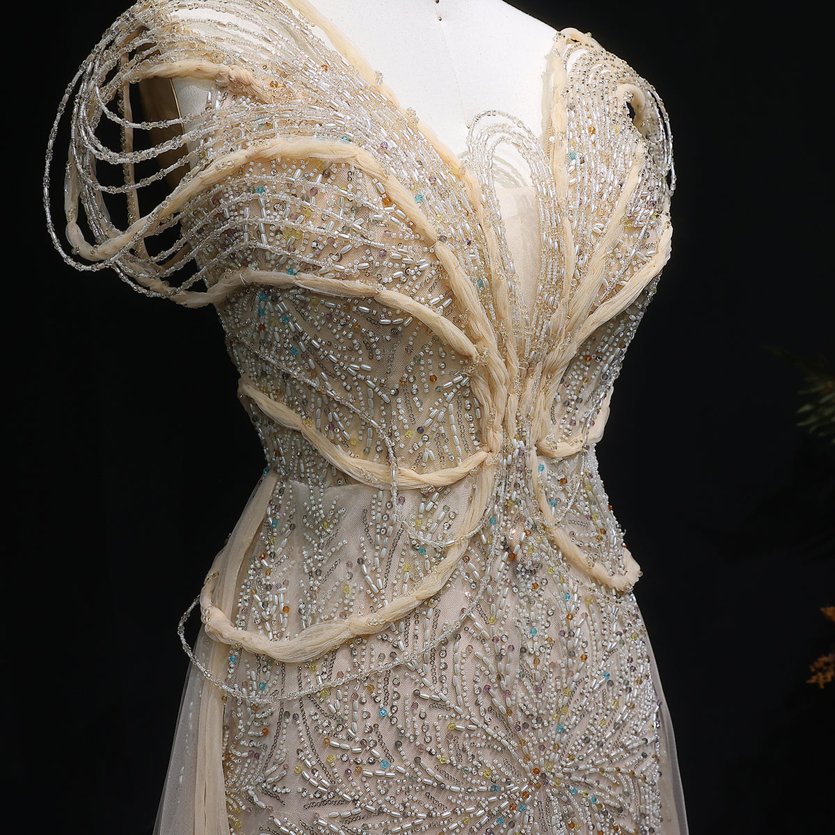 Elegant Champagne Pearl Openwork Shoulder Evening Dress with Overskirt SS718 