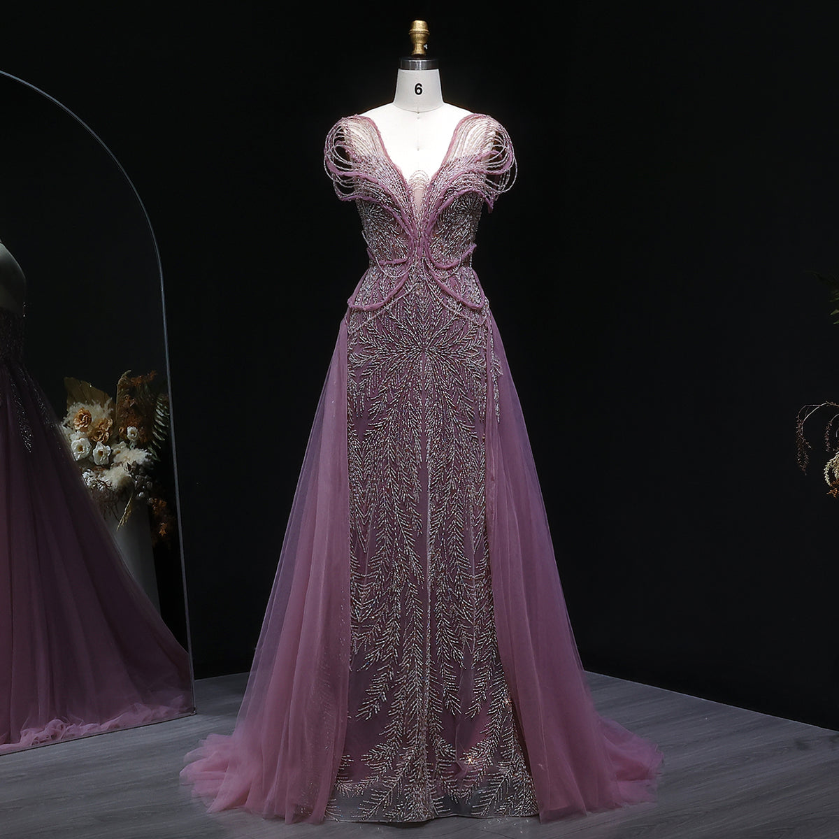 Elegant Champagne Pearl Openwork Shoulder Evening Dress with Overskirt SS718 