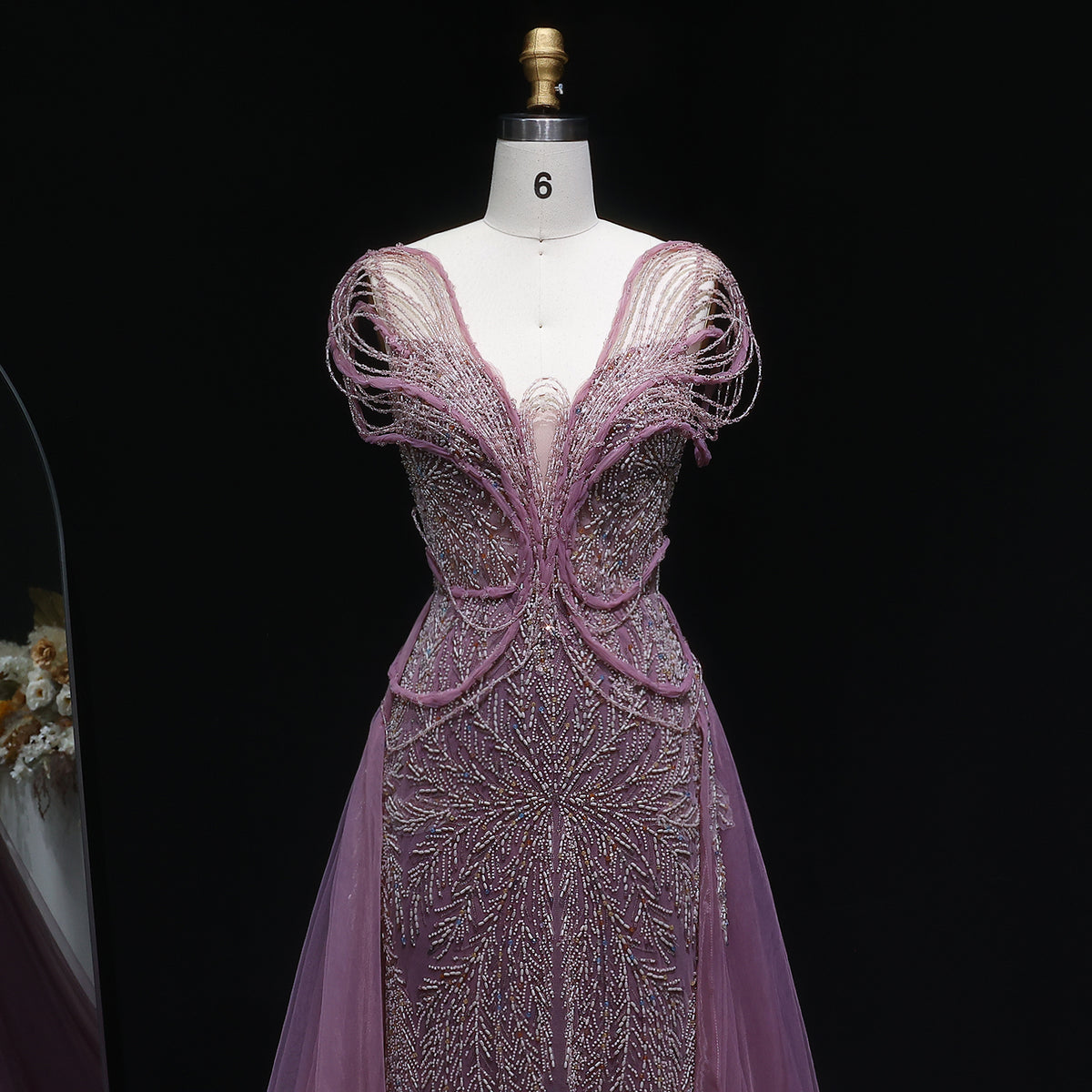 Elegant Champagne Pearl Openwork Shoulder Evening Dress with Overskirt SS718 