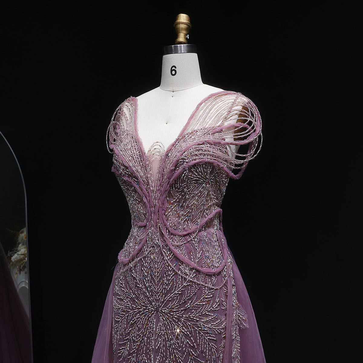 Elegant Champagne Pearl Openwork Shoulder Evening Dress with Overskirt SS718 