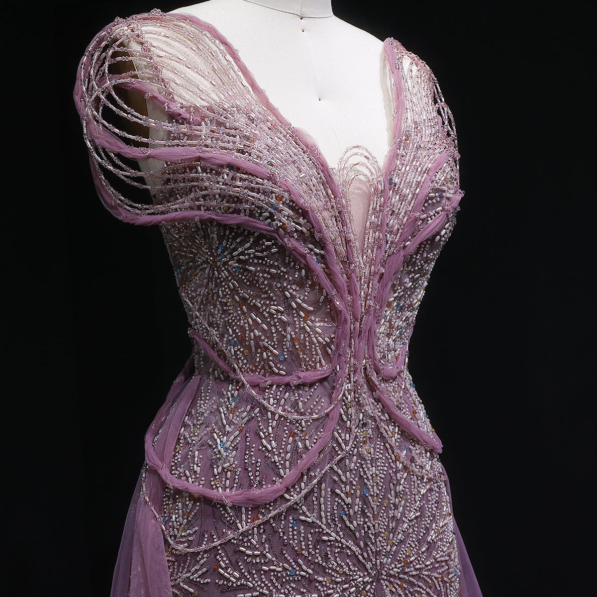 Elegant Champagne Pearl Openwork Shoulder Evening Dress with Overskirt SS718 