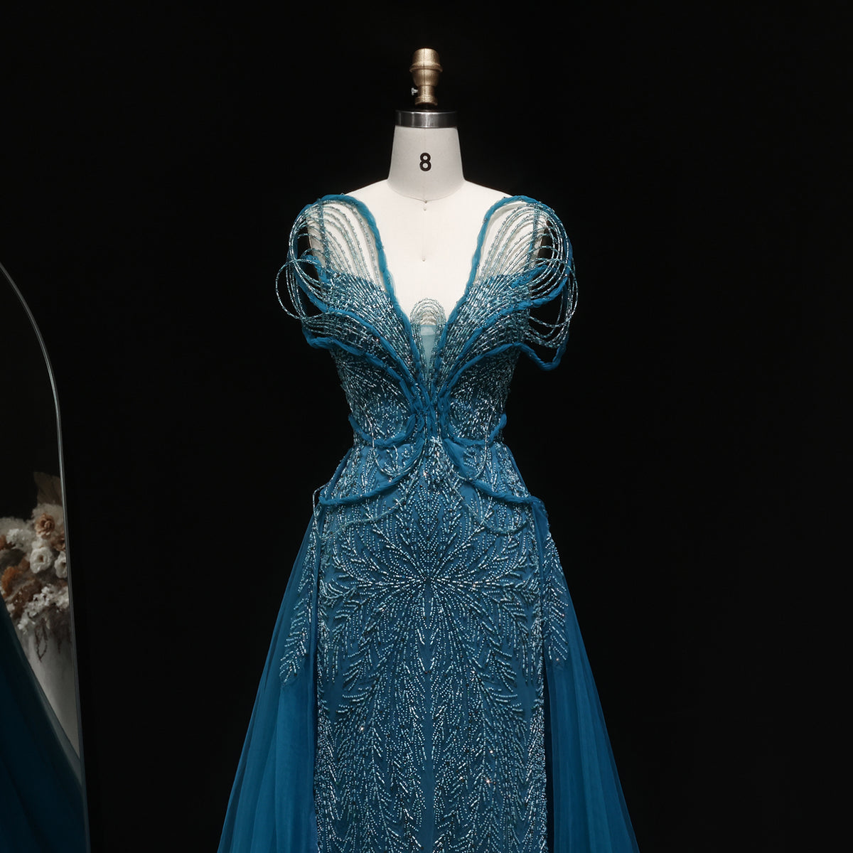 Elegant Champagne Pearl Openwork Shoulder Evening Dress with Overskirt SS718 