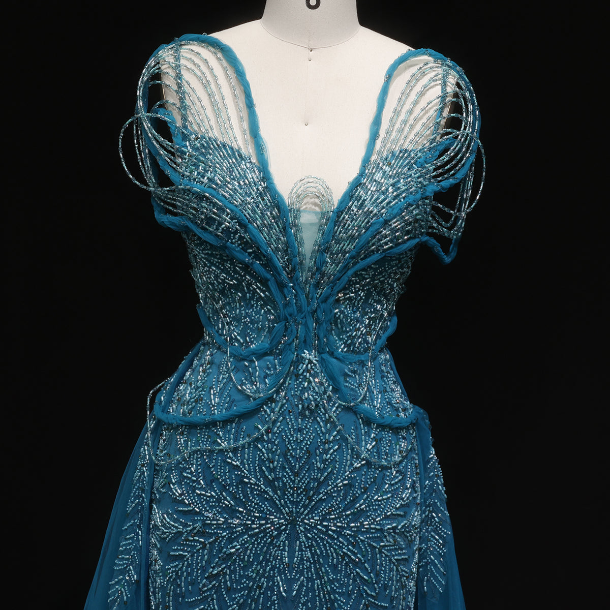 Elegant Champagne Pearl Openwork Shoulder Evening Dress with Overskirt SS718 