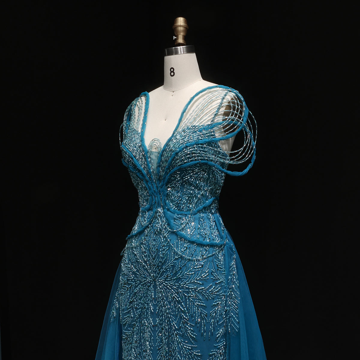 Elegant Champagne Pearl Openwork Shoulder Evening Dress with Overskirt SS718 