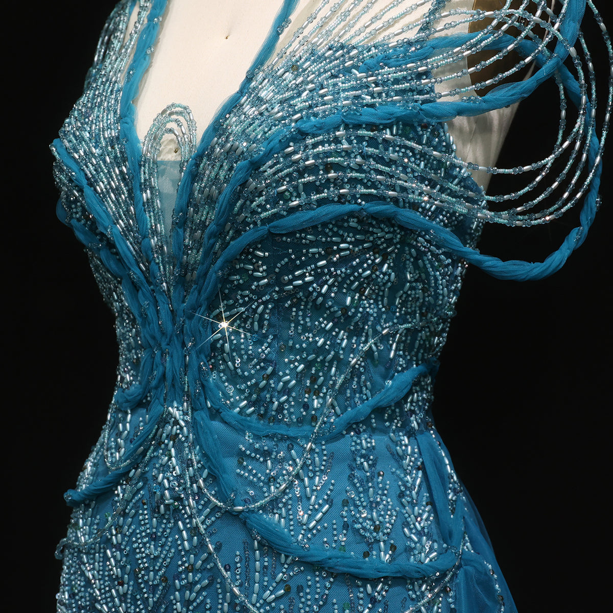 Elegant Champagne Pearl Openwork Shoulder Evening Dress with Overskirt SS718 