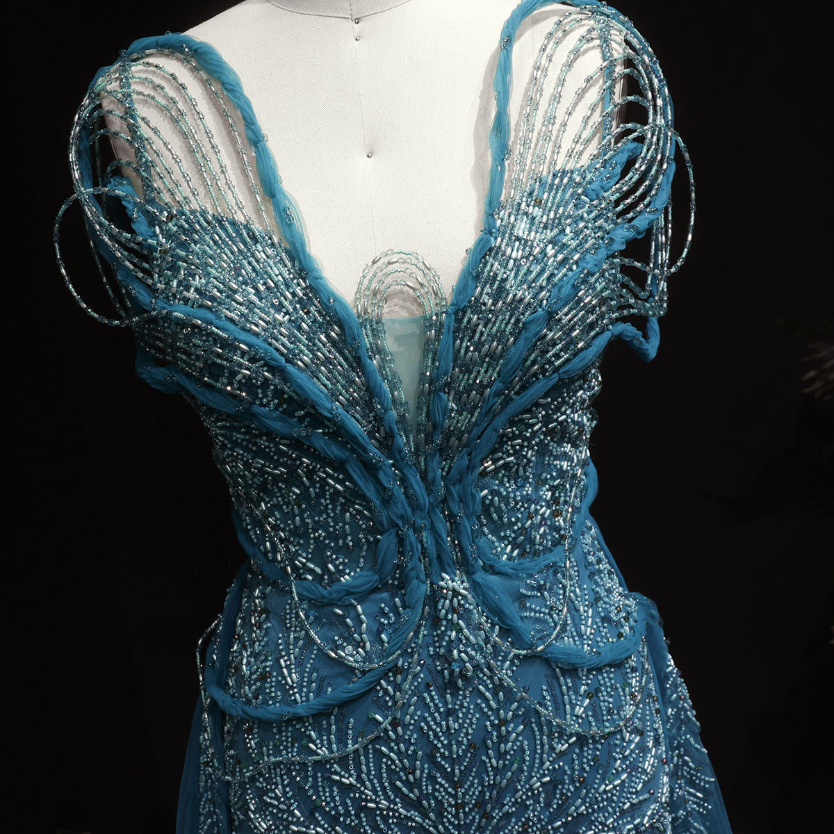 Elegant Champagne Pearl Openwork Shoulder Evening Dress with Overskirt SS718 