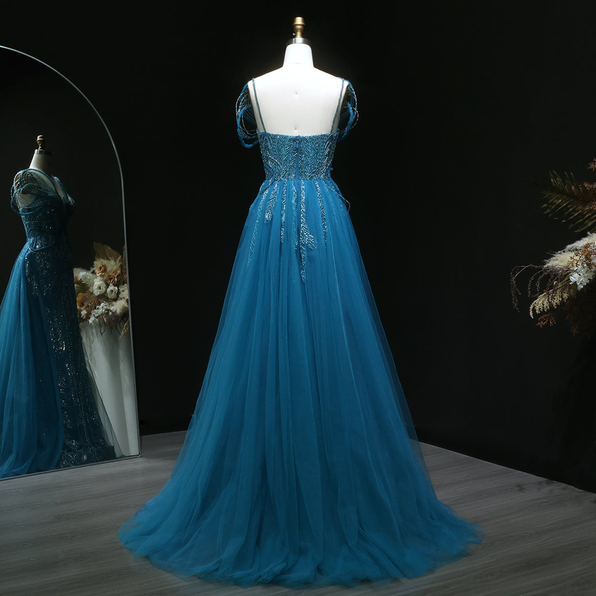 Elegant Champagne Pearl Openwork Shoulder Evening Dress with Overskirt SS718 