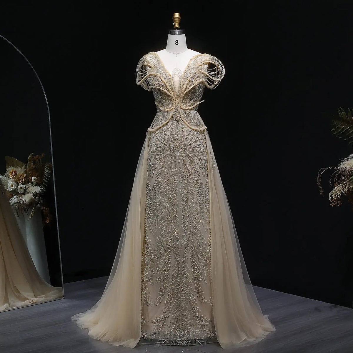 Elegant Champagne Pearl Openwork Shoulder Evening Dress with Overskirt SS718 Elegant Champagne Pearl Openwork Shoulder Evening Dress with Overskirt SS718