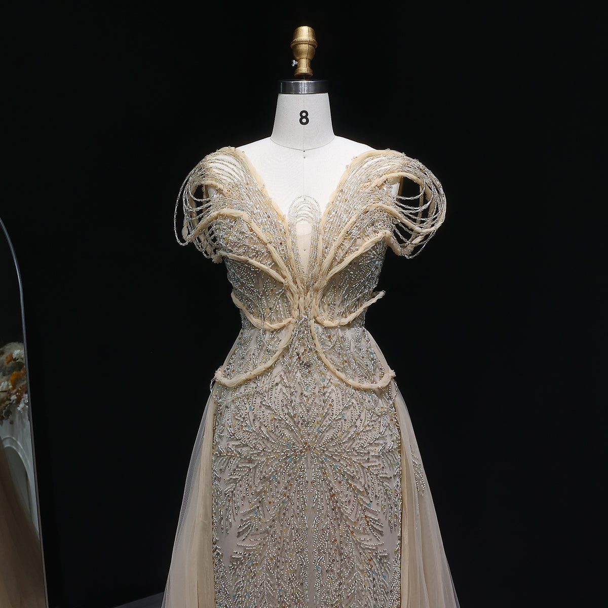 Elegant Champagne Pearl Openwork Shoulder Evening Dress with Overskirt SS718 