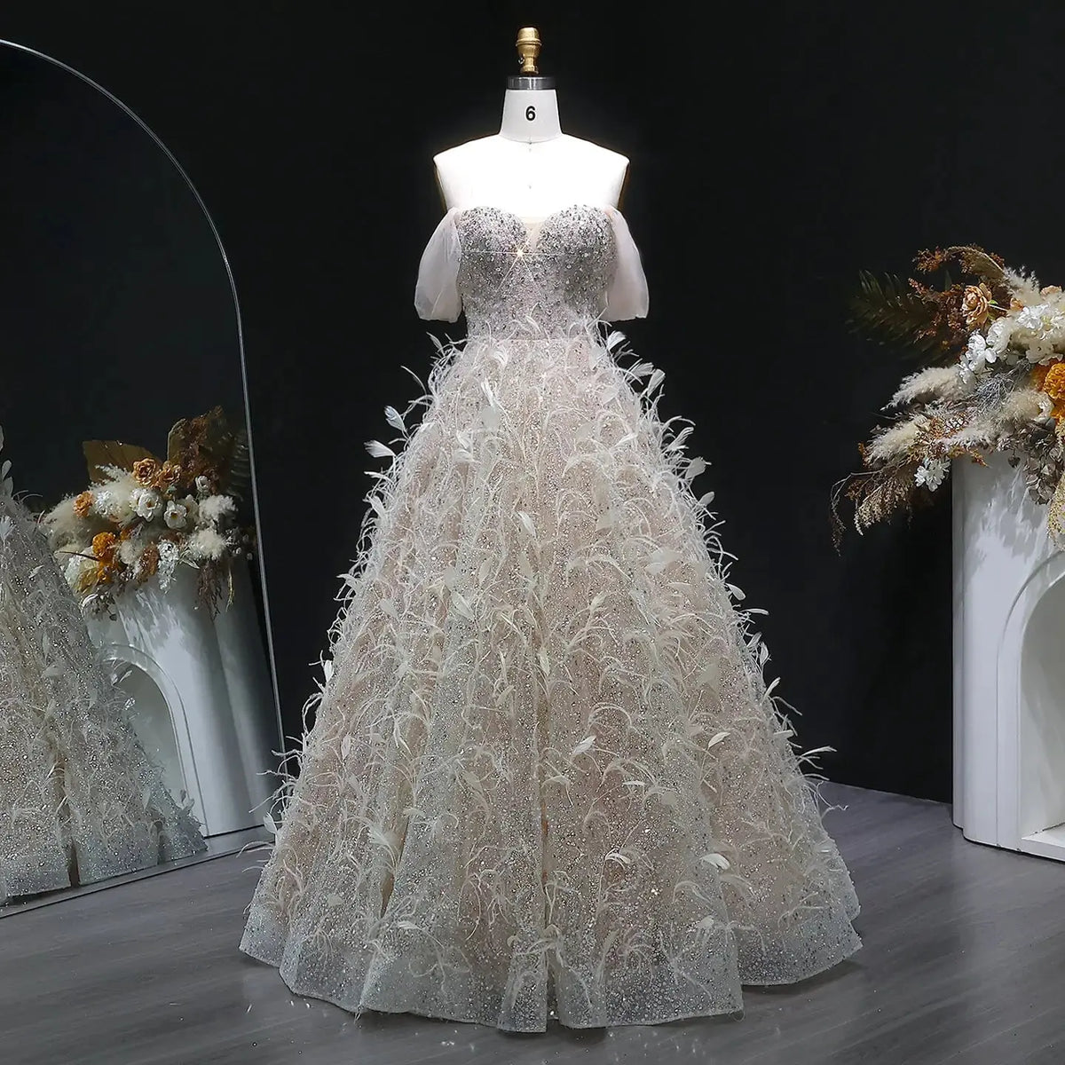 peach and silver wedding dress Luxury Peach Feather Strapless Ball Gown Evening Dress SS724