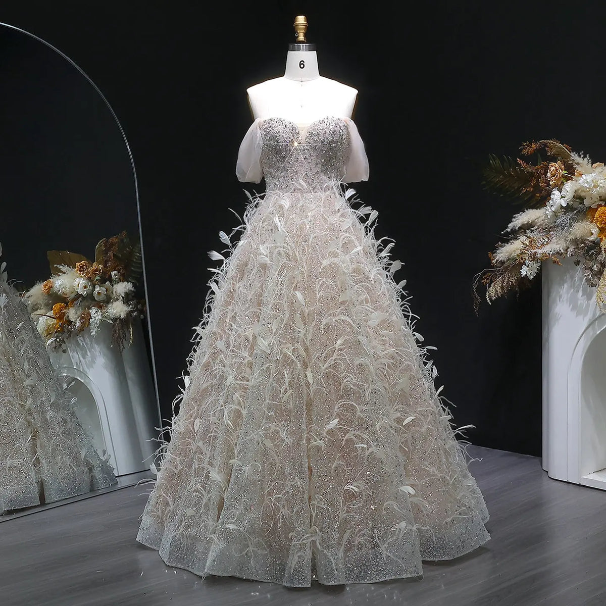 Luxury Peach Feather Strapless Ball Gown Evening Dress SS724 