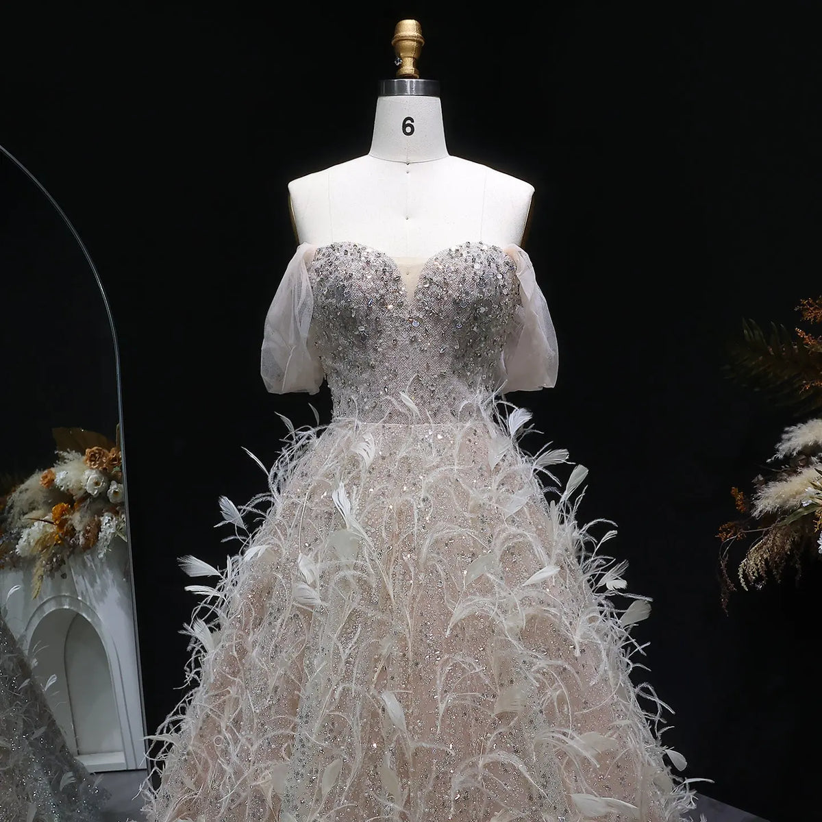 Luxury Peach Feather Strapless Ball Gown Evening Dress SS724 