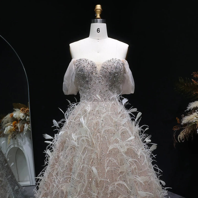 Luxury Peach Feather Strapless Ball Gown Evening Dress SS724 