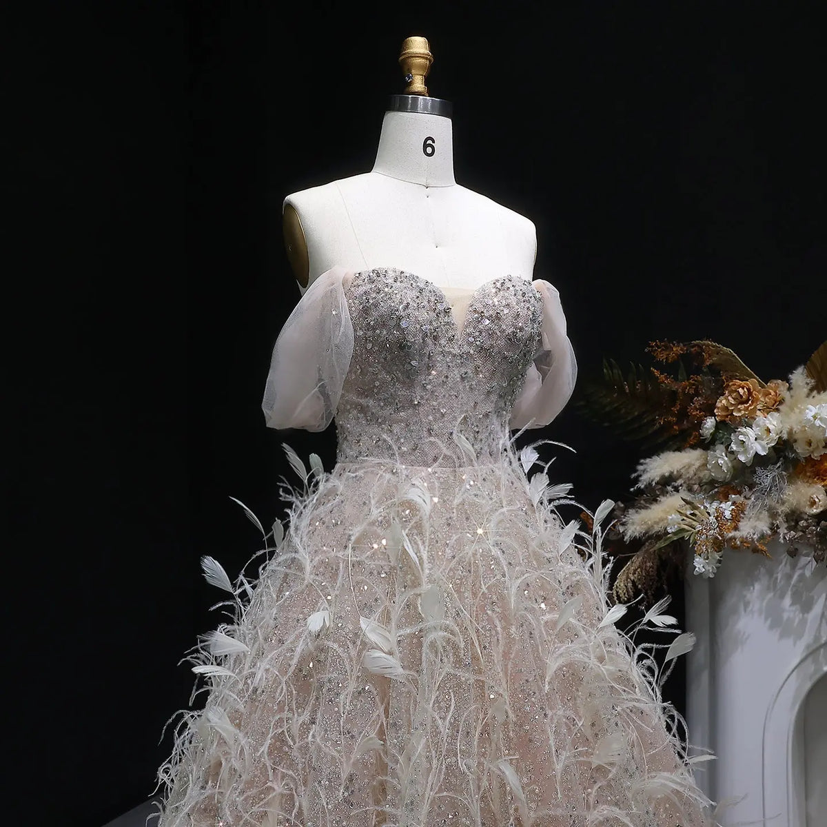 Luxury Peach Feather Strapless Ball Gown Evening Dress SS724 