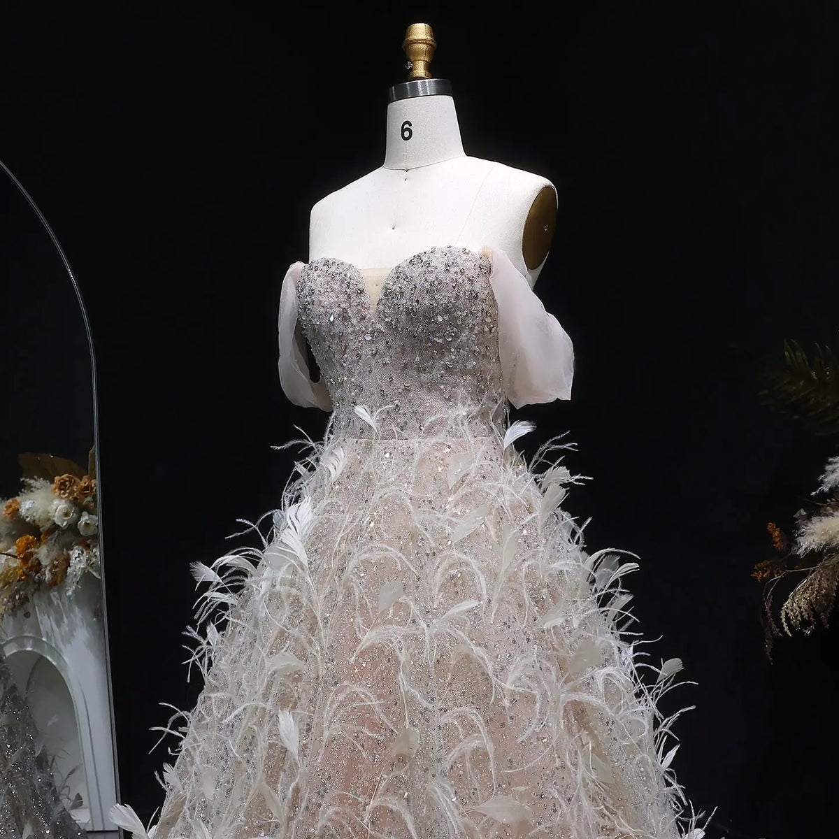 Luxury Peach Feather Strapless Ball Gown Evening Dress SS724 