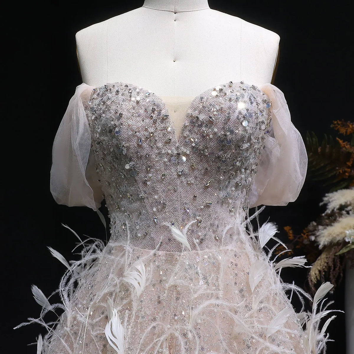 Luxury Peach Feather Strapless Ball Gown Evening Dress SS724 