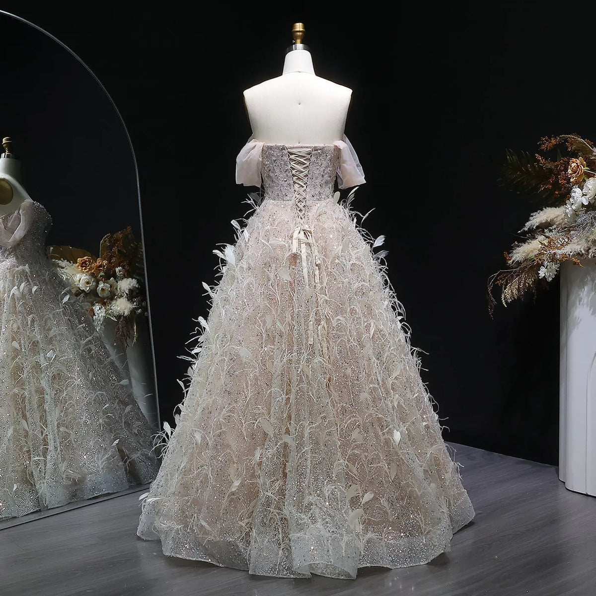 Luxury Peach Feather Strapless Ball Gown Evening Dress SS724 