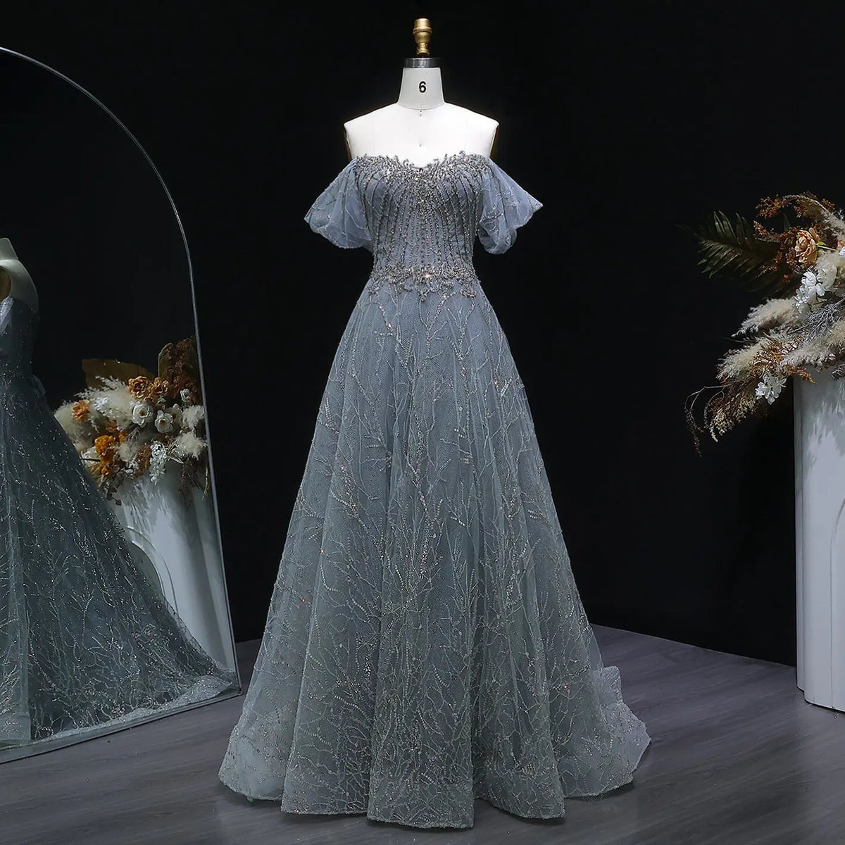 Luxury Gray Beaded Crystal Short Sleeve Tulle Evening Dress SS725 