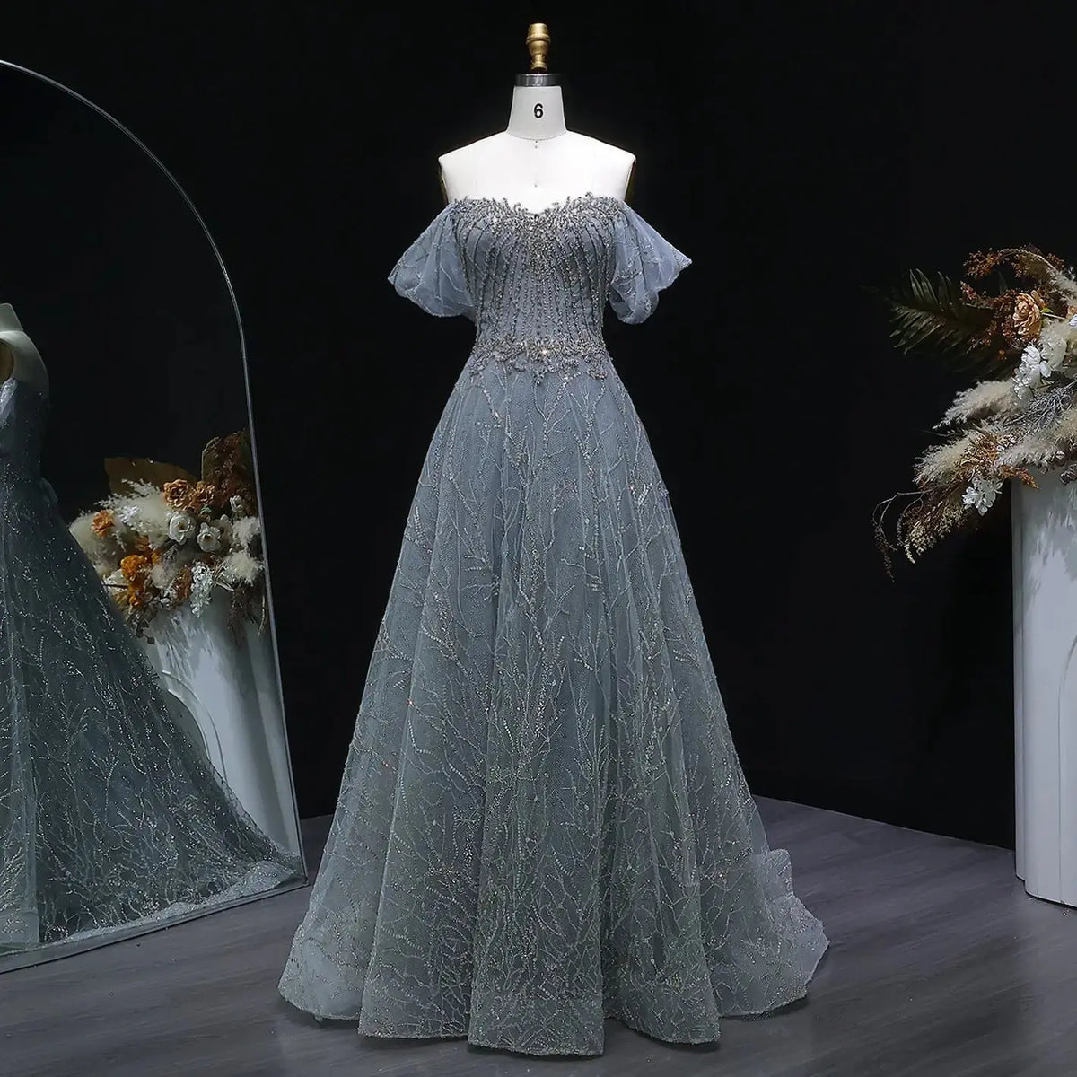 Luxury Gray Beaded Crystal Short Sleeve Tulle Evening Dress SS725 