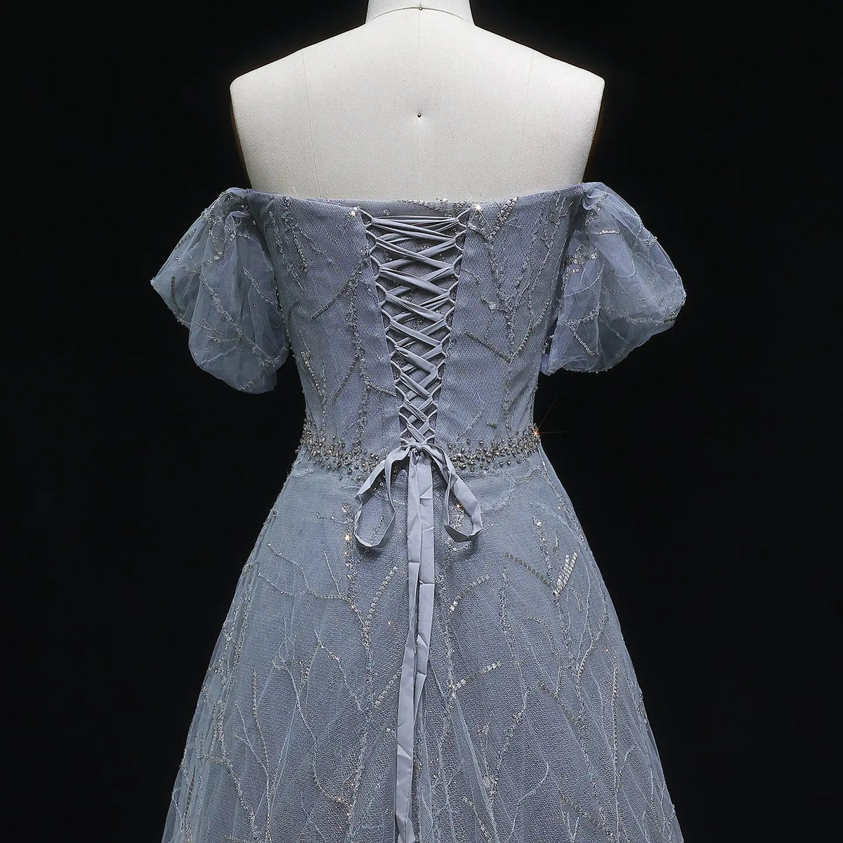 Luxury Gray Beaded Crystal Short Sleeve Tulle Evening Dress SS725 