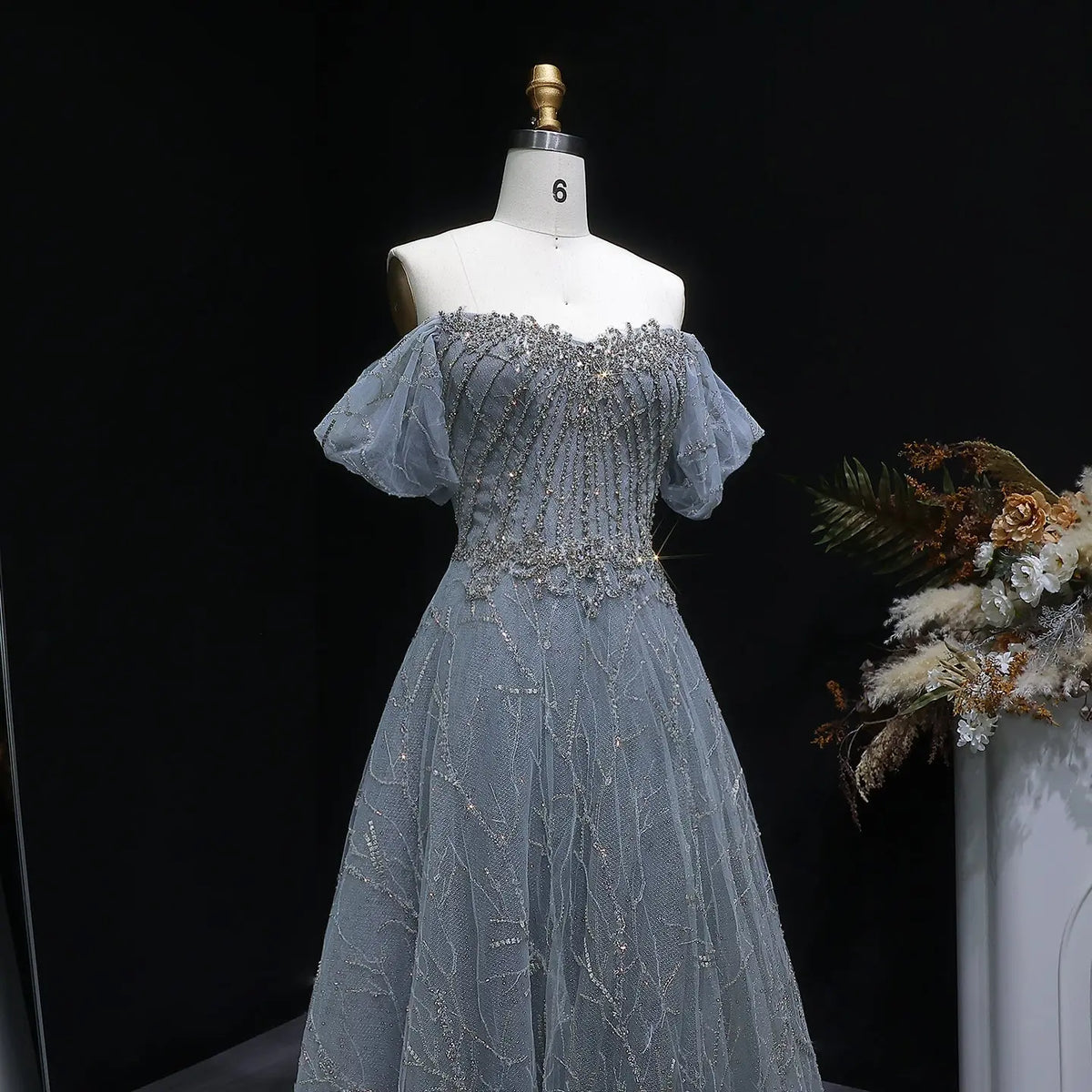 Luxury Gray Beaded Crystal Short Sleeve Tulle Evening Dress SS725 