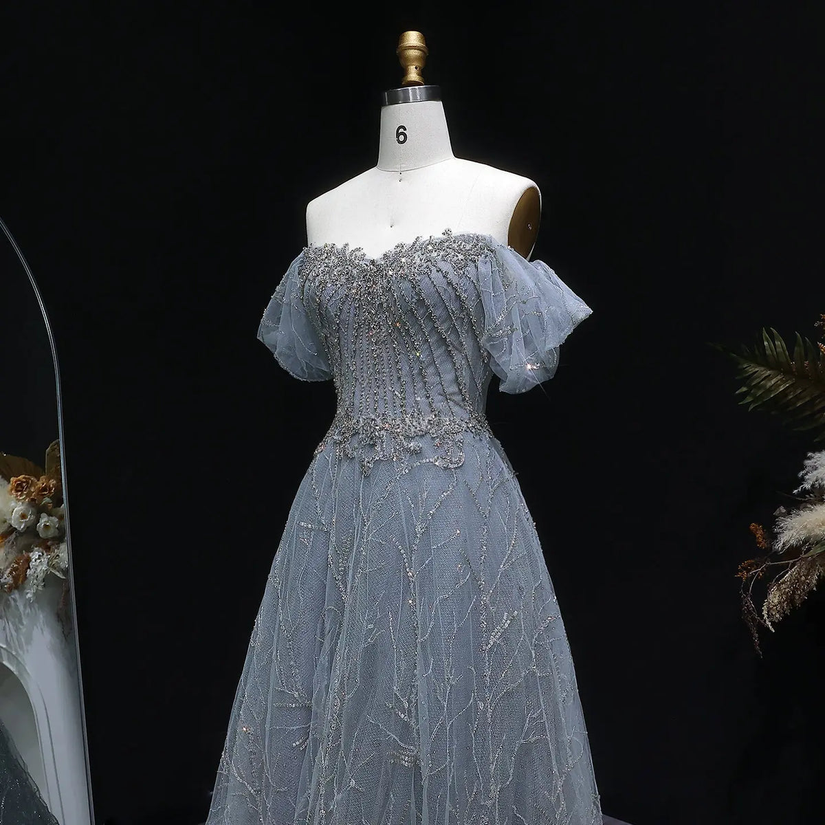 Luxury Gray Beaded Crystal Short Sleeve Tulle Evening Dress SS725 