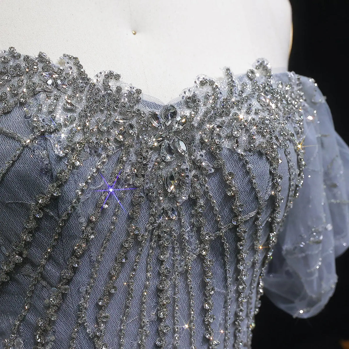 Luxury Gray Beaded Crystal Short Sleeve Tulle Evening Dress SS725 