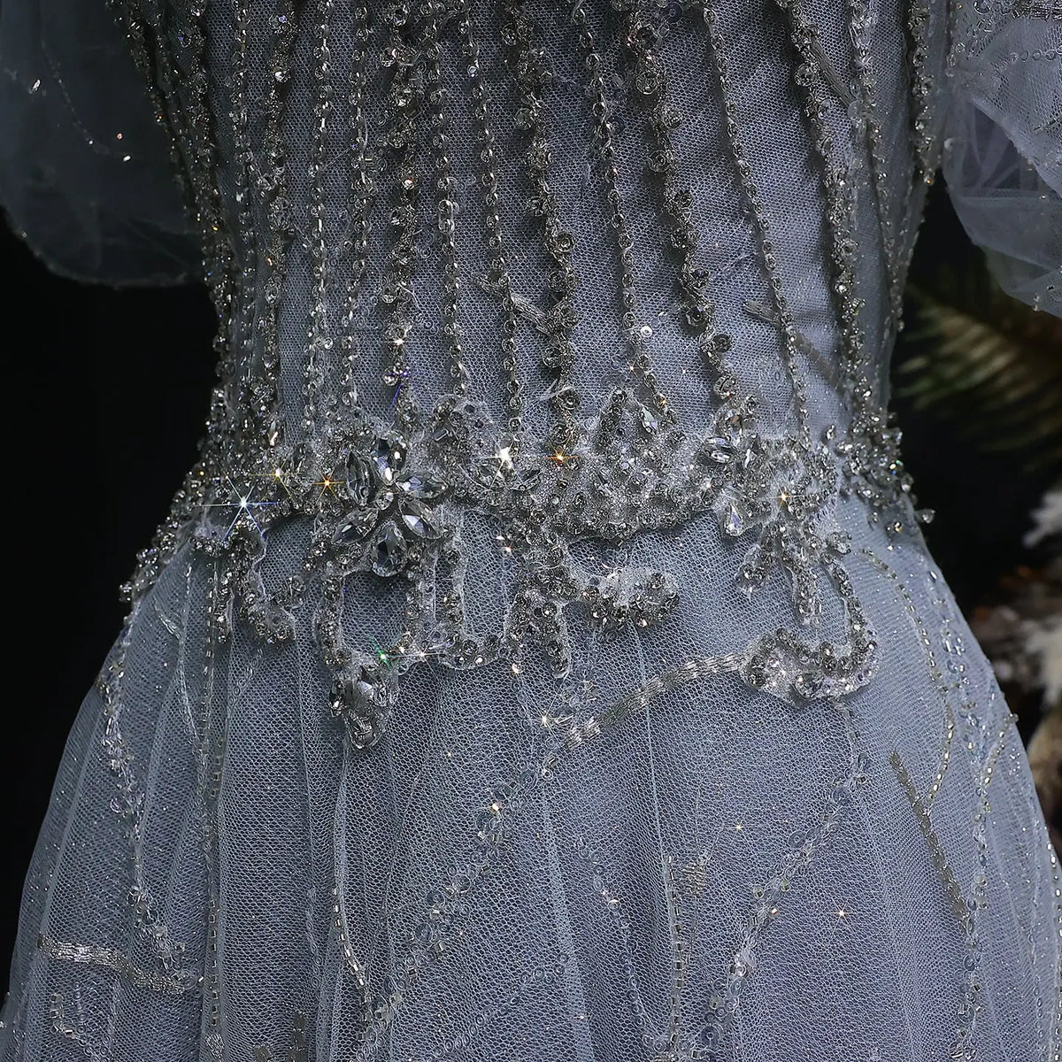 Luxury Gray Beaded Crystal Short Sleeve Tulle Evening Dress SS725 