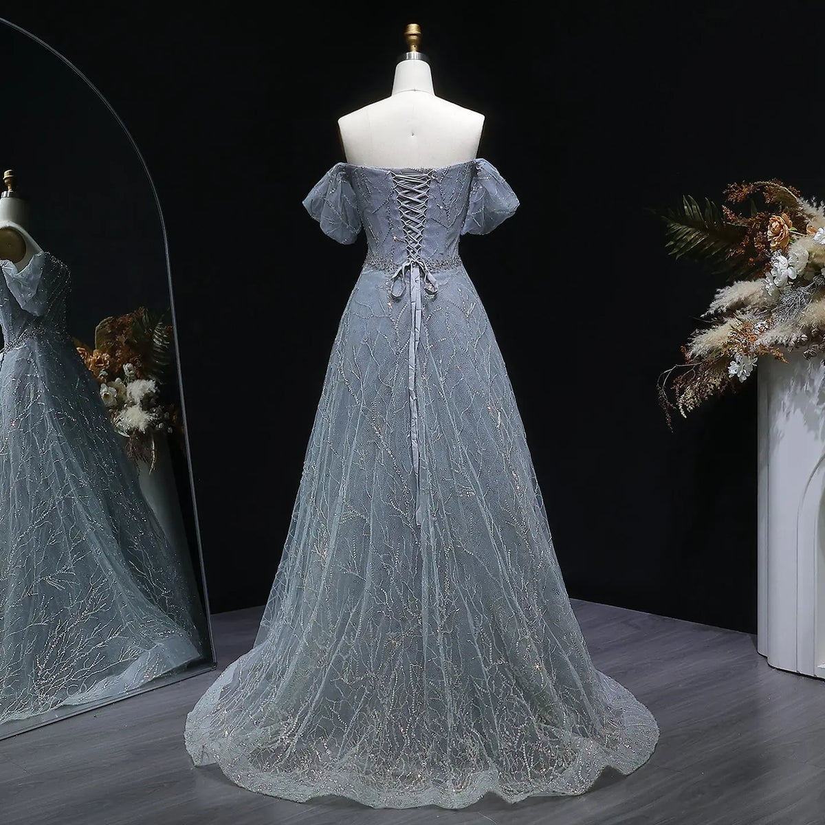 Luxury Gray Beaded Crystal Short Sleeve Tulle Evening Dress SS725 