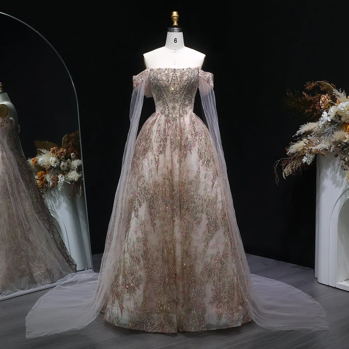 Luxury Rose Gold Gradient Beaded Evening Dress with Cape Sleeve SS726 