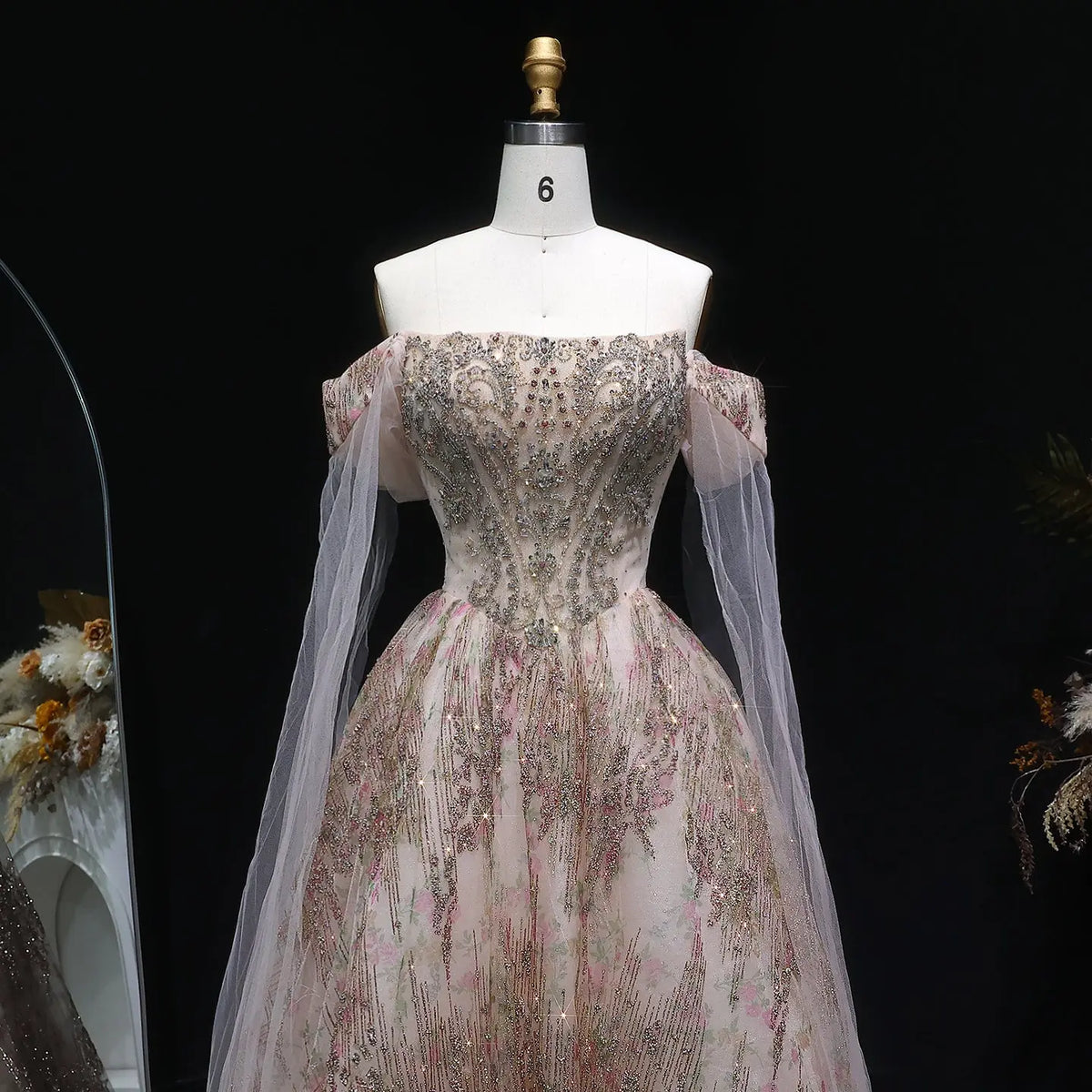 Luxury Rose Gold Gradient Beaded Evening Dress with Cape Sleeve SS726 