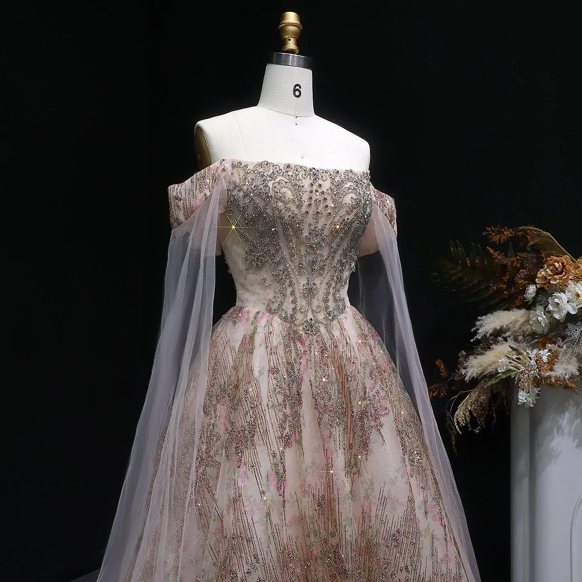 Luxury Rose Gold Gradient Beaded Evening Dress with Cape Sleeve SS726 