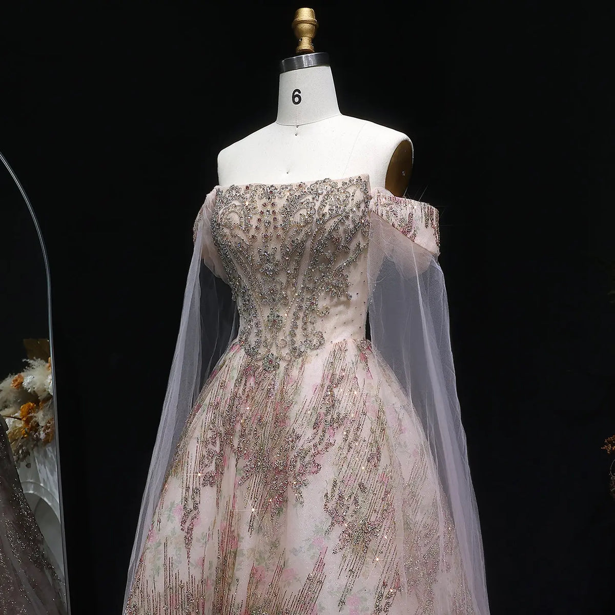 Luxury Rose Gold Gradient Beaded Evening Dress with Cape Sleeve SS726 