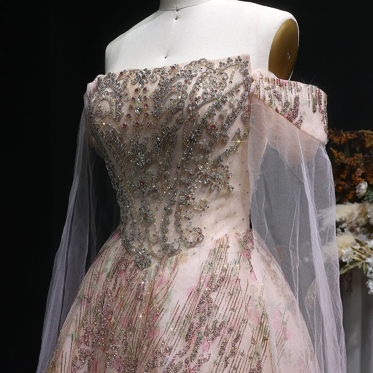 Luxury Rose Gold Gradient Beaded Evening Dress with Cape Sleeve SS726 