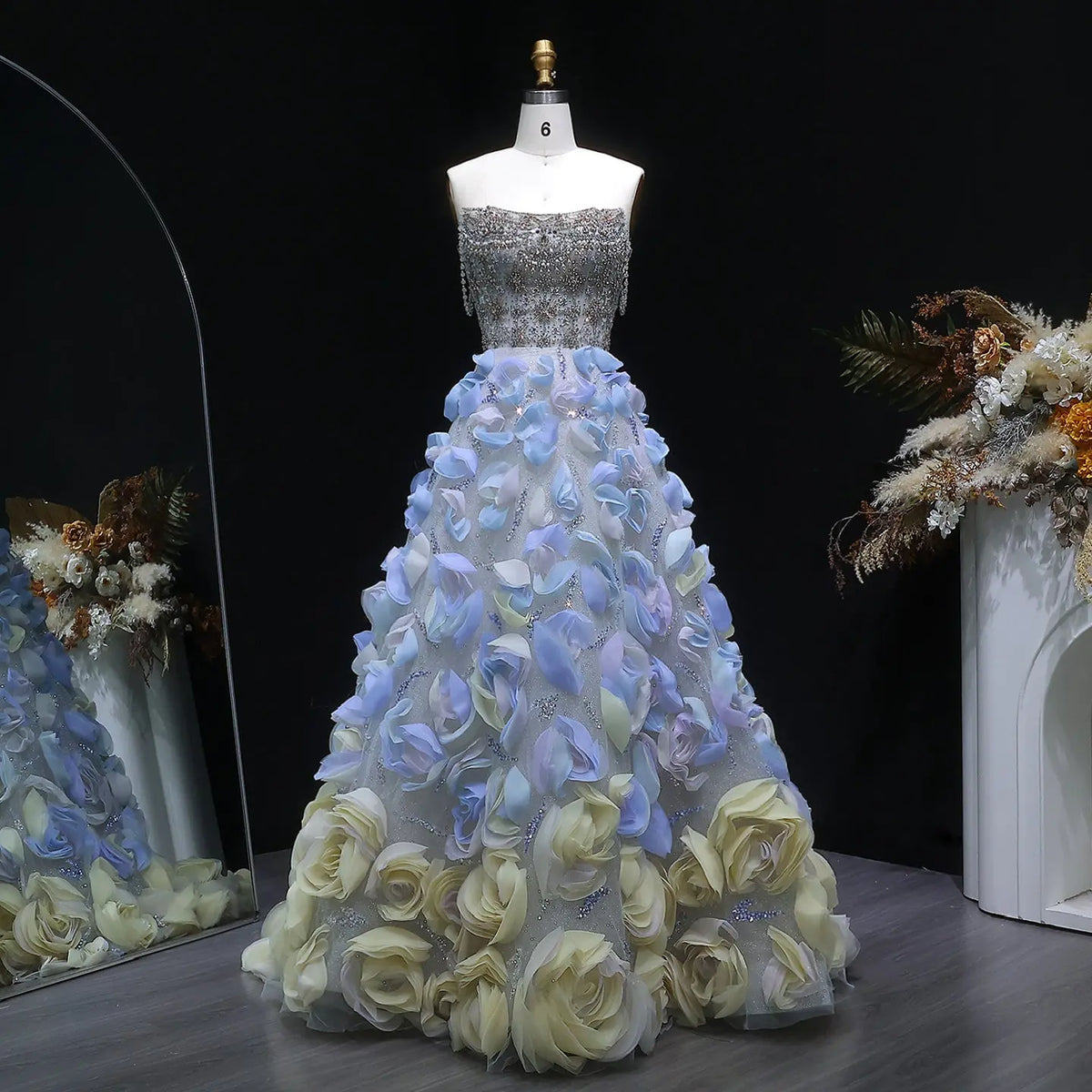 Luxury 3D Floral Strapless Beaded Evening Dress SS728 