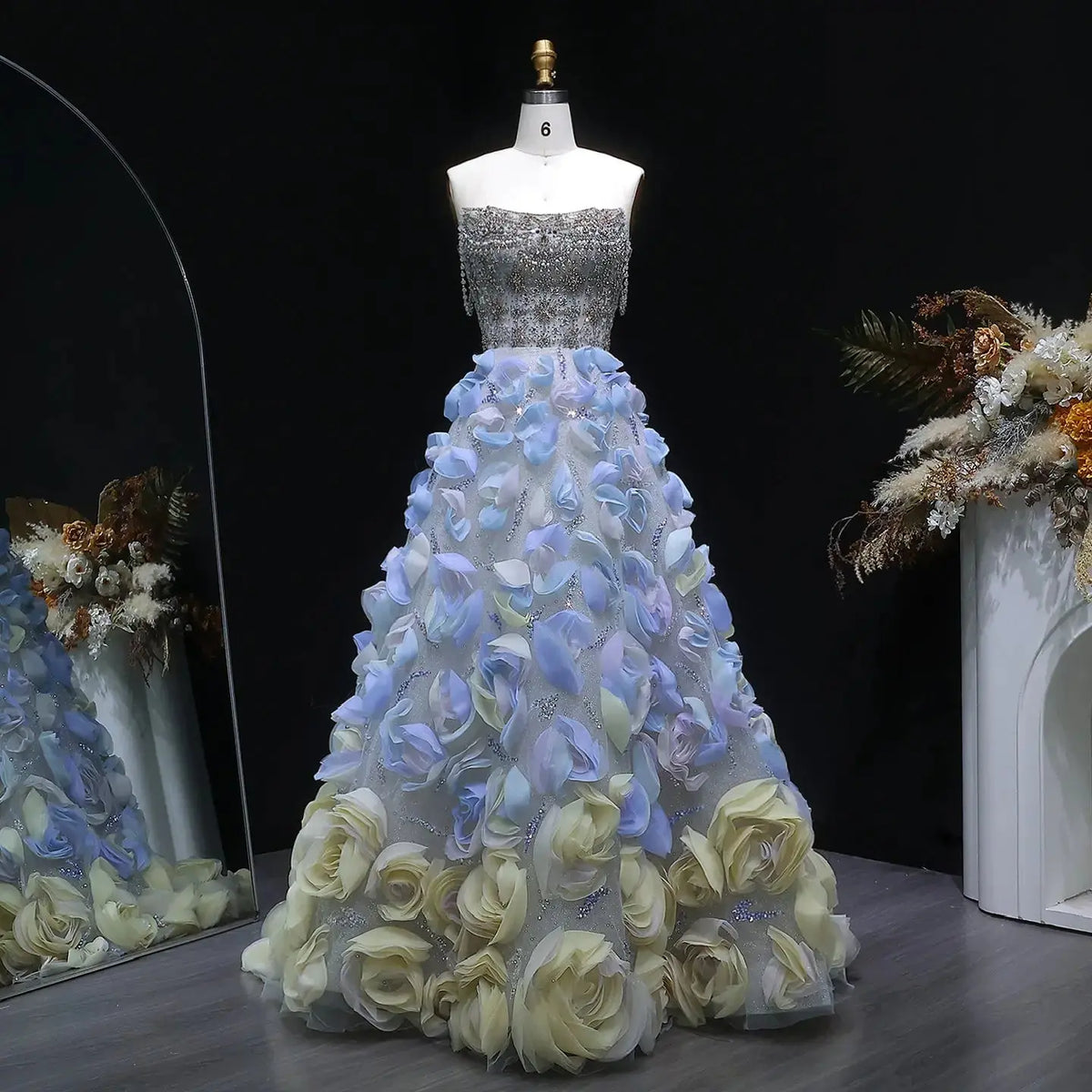 Luxury 3D Floral Strapless Beaded Evening Dress SS728 