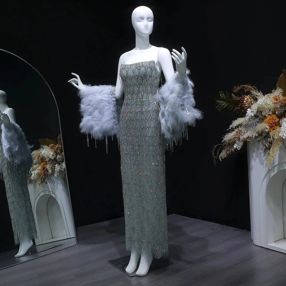 Luxury Silver Gray Beaded Feather Sleeve Fitted Long Evening Dress with Cape SS729