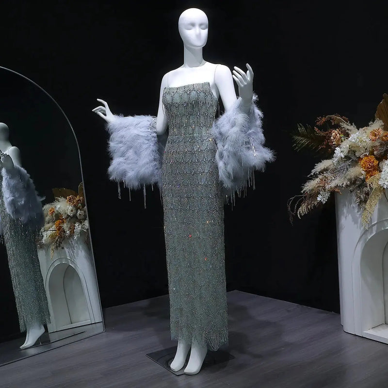 Luxury Silver Gray Beaded Feather Sleeve Fitted Long Evening Dress with Cape SS729 