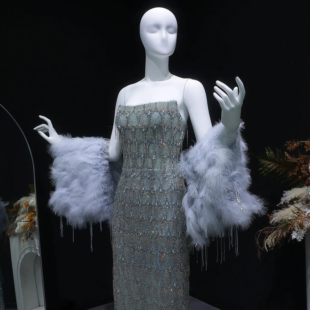 Luxury Silver Gray Beaded Feather Sleeve Fitted Long Evening Dress with Cape SS729 