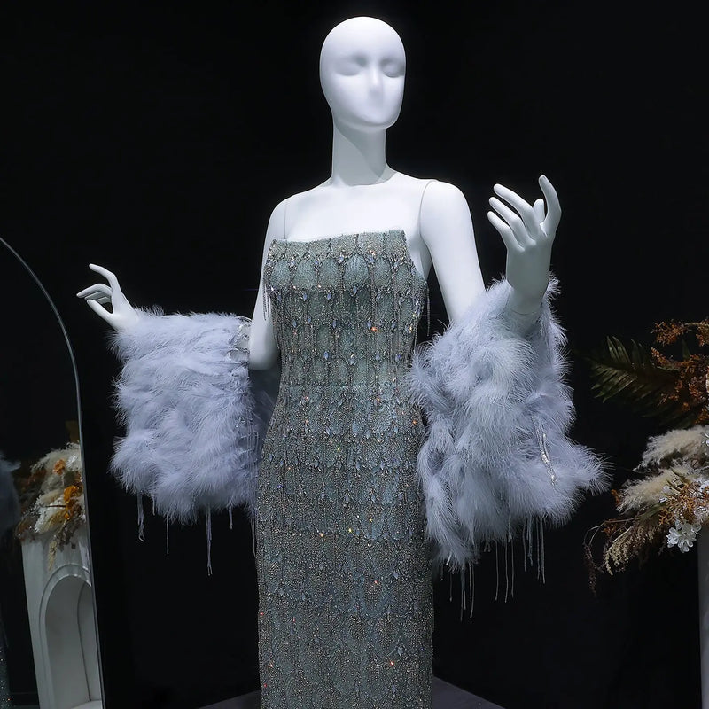 Luxury Silver Gray Beaded Feather Sleeve Fitted Long Evening Dress with Cape SS729 